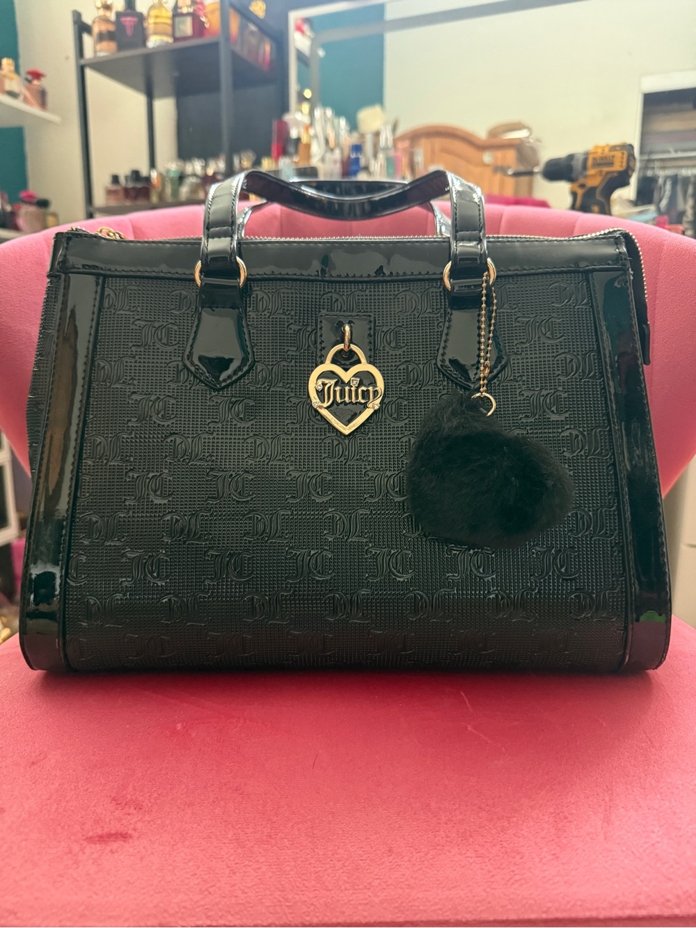 Juicy Couture Black Patent Embossed Satchel with Pom Charm